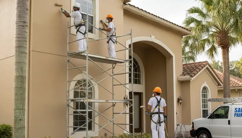 Professional painters painting a home exterior in Kissimmee, FL for residential painting services